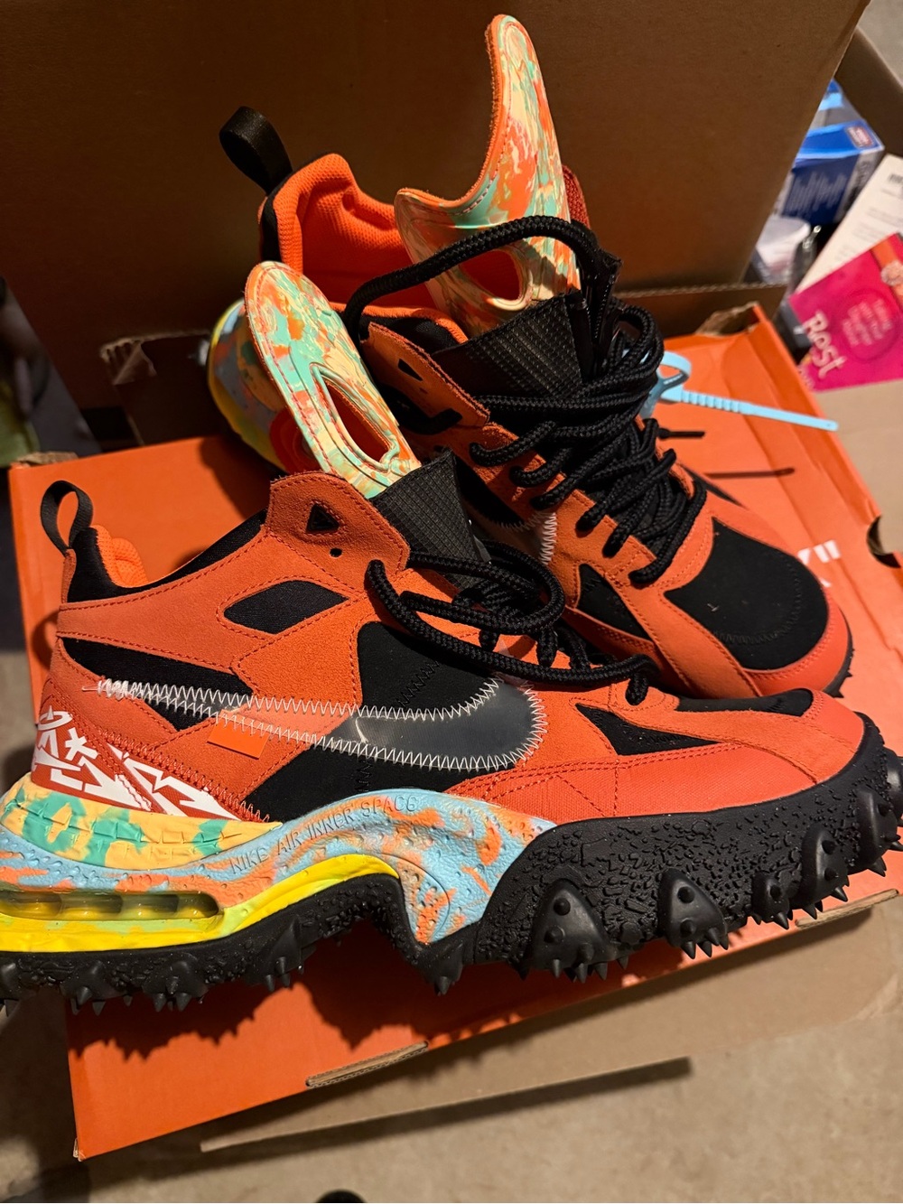 Off-White NIKE Terra FormOrange and Black High-Top Trail Boots.